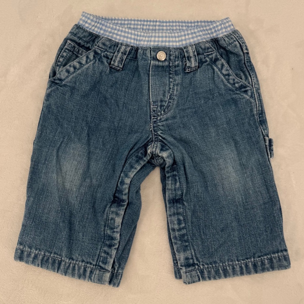 Baby Gap Denim Carpenter Pants Medium Wash Gingham Waist Size 6-12M Y2K 2000s